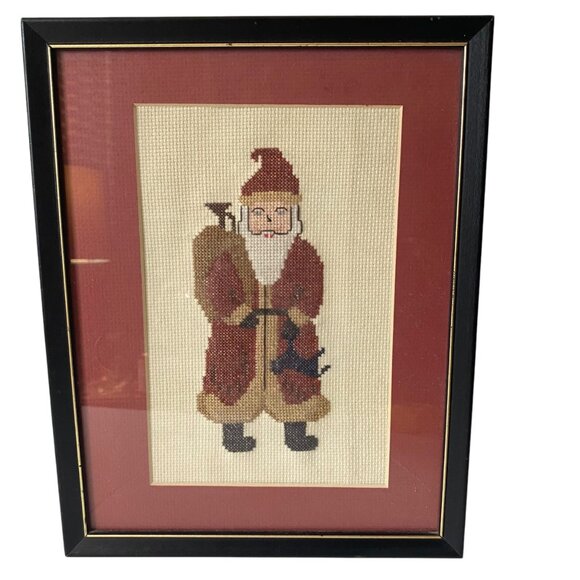 Vintage Handmade Framed Old Fashioned Santa Cross Stitch Art Black Frame Red Mat - Picture 1 of 4